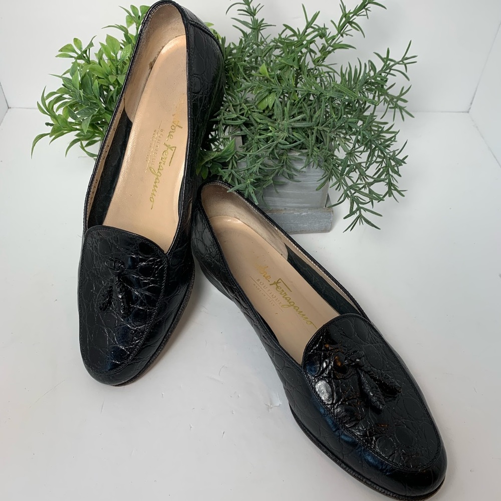 {Vintage} Salvatore Ferragamo {Black Patent Leather & Tassels} Loafers